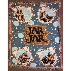 Star Wars Jar Jar Binks Woven Tapestry Throw‎ Blanket Fringed Blue Orange Retro